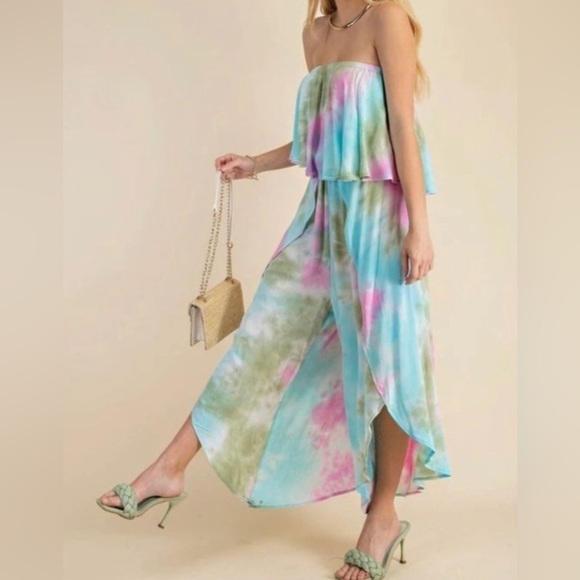 Kori Tie Dye Woven Tube Top Ruffle Jumpsuit  Pink & Peach NWT - Sz M - Picture 3 of 7